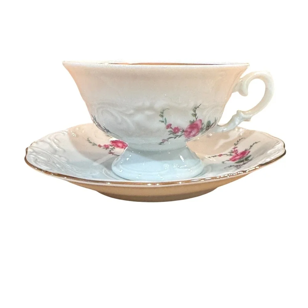 Wavel Polnad Vintage Floral Tea Cup Saucer Set Porcelain Gold Trim Pink Roses